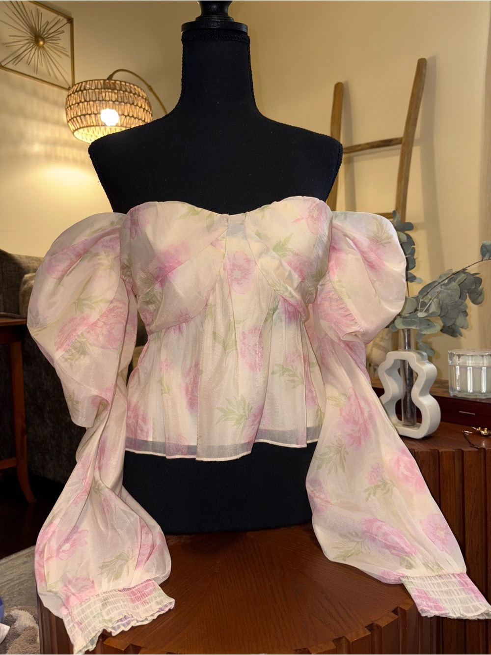 Strapless Puff-Sleeve Floral Peplum Top